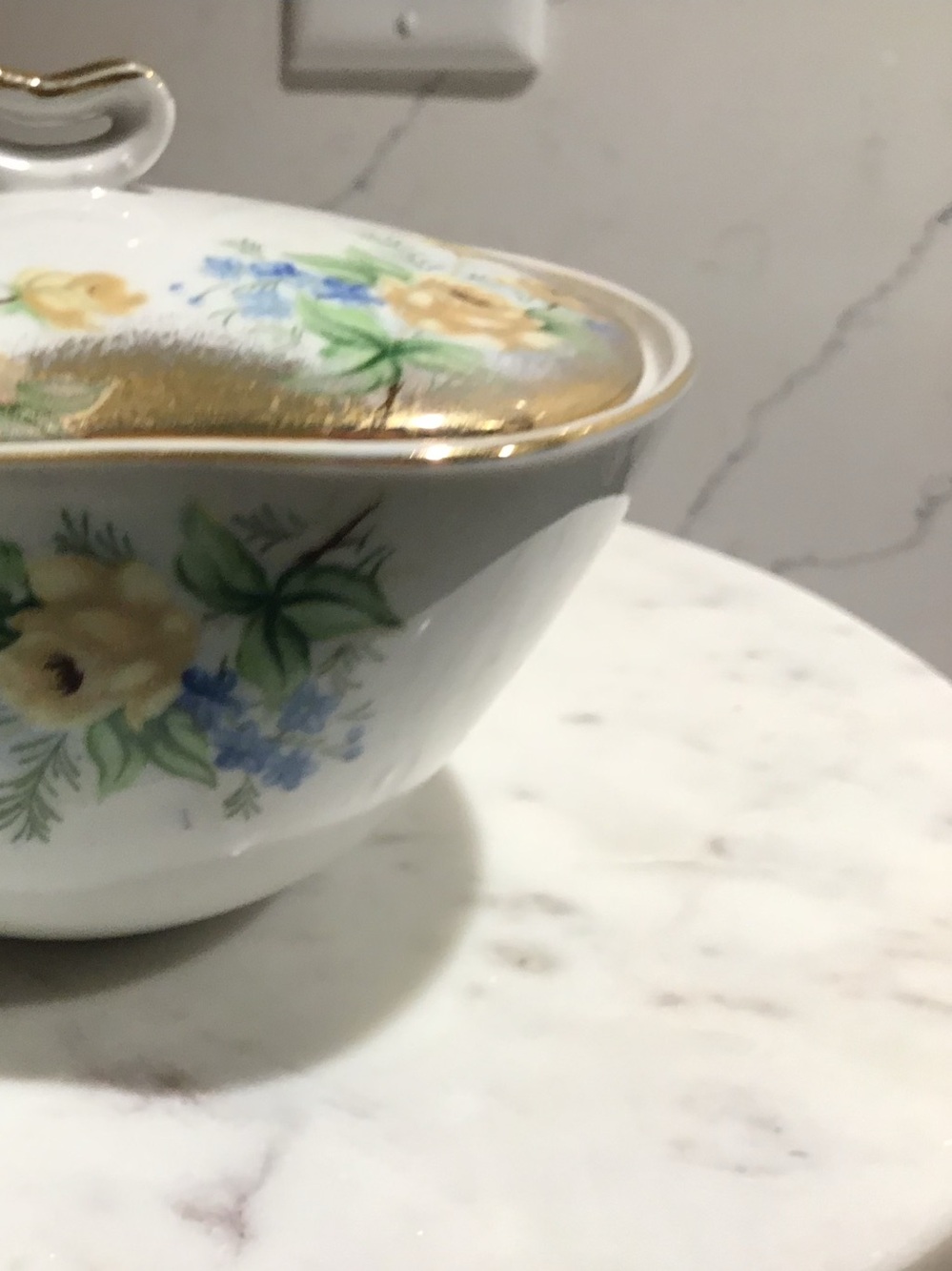 Floral Gold-Trim Covered Porcelain Serving Bowl or Vanity